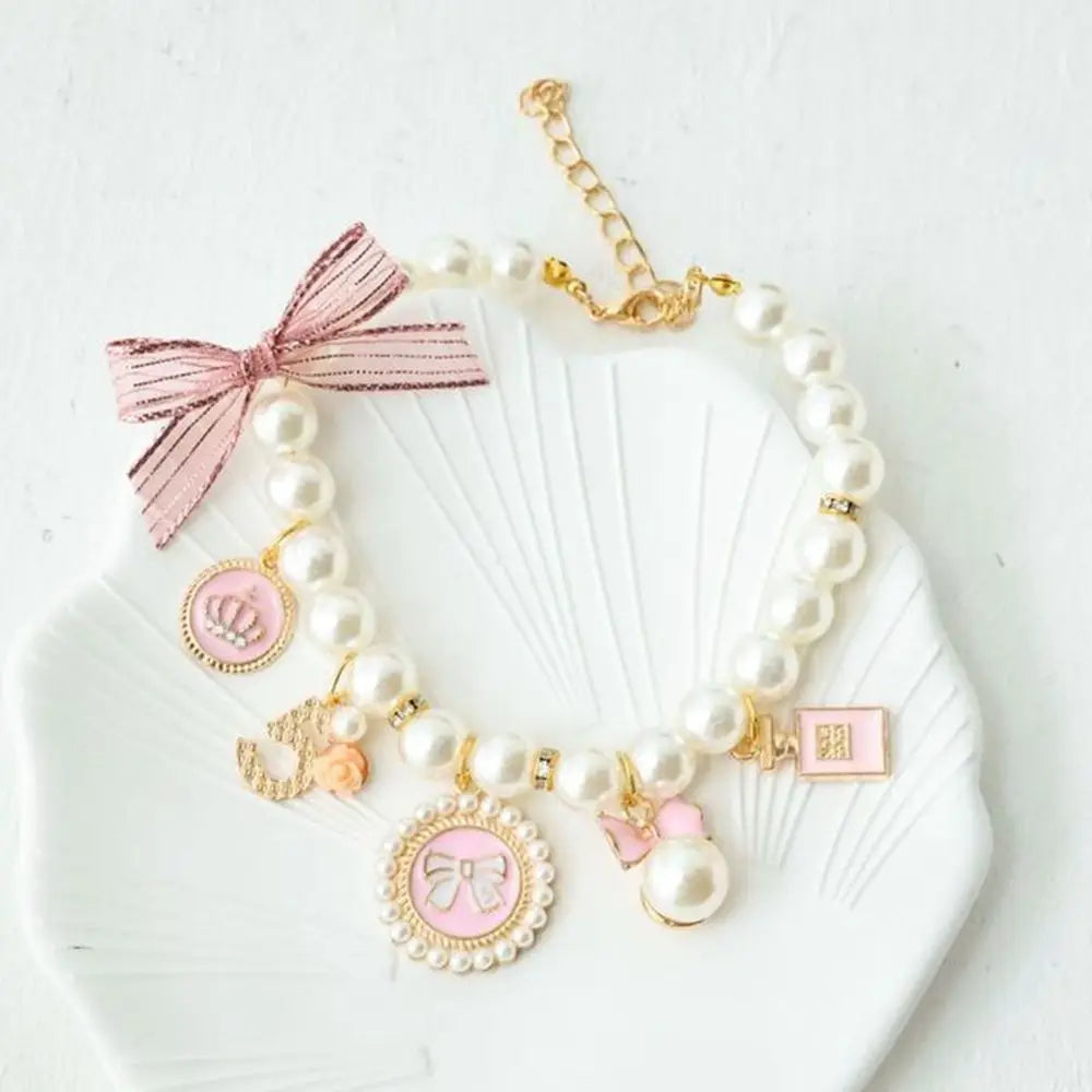 Pink Pearl Princess Collar – Bow Necklace for Dogs & Cats