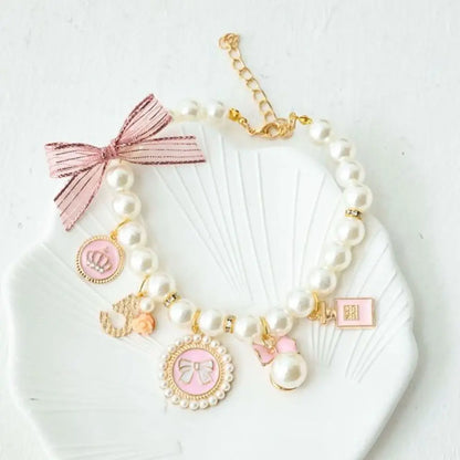 Pink Pearl Princess Collar – Bow Necklace for Dogs & Cats